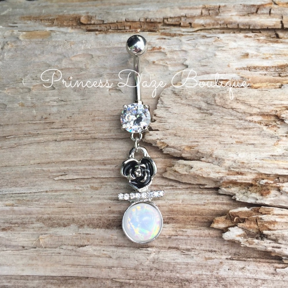 Silver‎ Rose White Opal Dangle Belly Button Ring